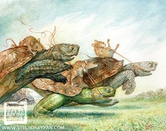 Full Gallop (print) mouse rider, turtle race, sport, athlete, fairy tale, fantasy art, artwork, illustration