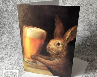 Bunny with Beer (Greeting Card) - rabbit, birthday, gift card