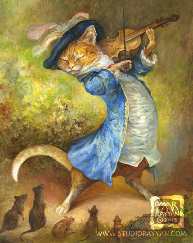 Cat with Fiddle print puss in boots, violin, rats, musician, music, illustration, fairy tale art image 1