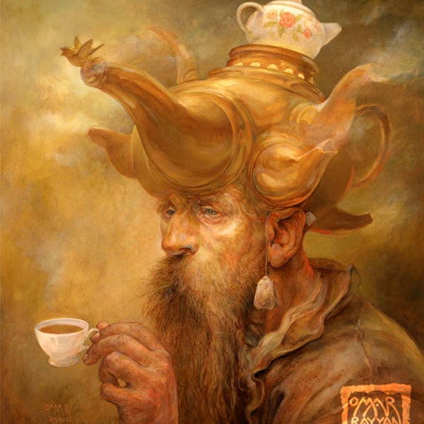 Mists of Oolong (print) - old man, tea, samovar, fantasy art, tea time, coffee shop, gold, artwork, illustration