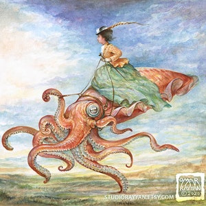 Sidesaddle on a Cephalopod (8x10 medium print) - tentacle, cuttlefish, squid, rider, art, home decor