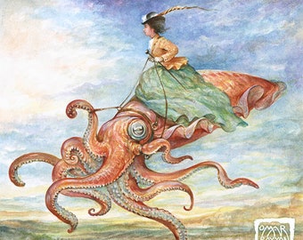 Sidesaddle on a Cephalopod (8x10 medium print) - tentacle, cuttlefish, squid, rider, art, home decor