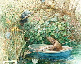 Mole and Ratty (print) Wind in the Willows, boating, garden, animals, fairy tale, storybook, artwork, illustration