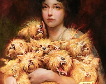 Yorkie Horde (print) woman - pet - meme - portrait - dog - beauty and the beast - funny art