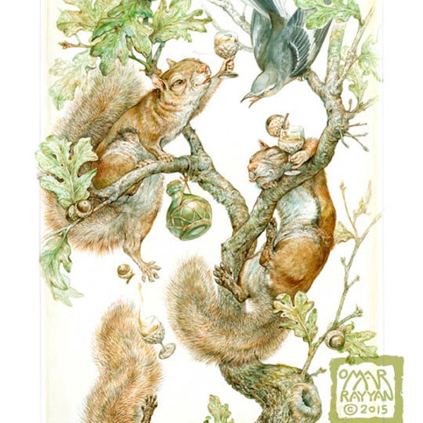 Acorn Brandy (print) - squirrel, happy hour, bar decor, party animals, illustration, artwork