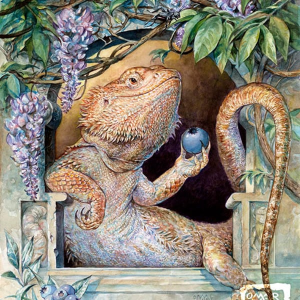 Blueberries (print) bearded dragon, lizard, wall art, home decor,  artwork, illustration