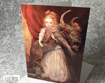 The Favorite (Greeting Card) - monster, pets, children, fantasy art, birthday card