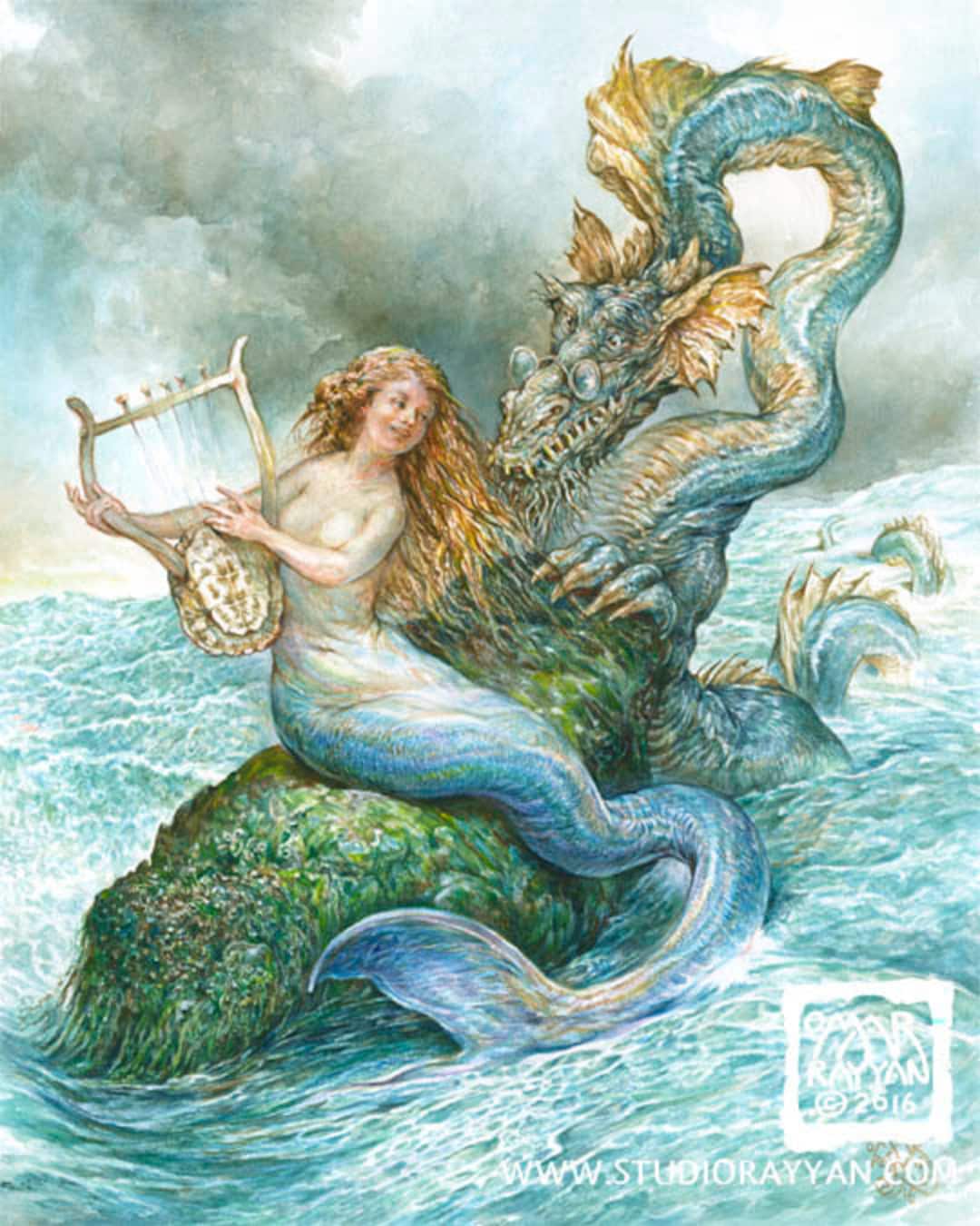 Serenading the Sea Serpent print mermaid dragon ocean music - Etsy
