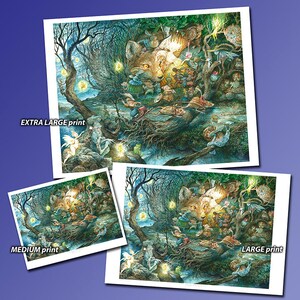 May include: A whimsical illustration of a fox surrounded by fairies and other woodland creatures. The scene is set in a forest at night, with glowing lights illuminating the trees and the creatures. The illustration is done in a detailed and realistic style, with vibrant colors and intricate details.