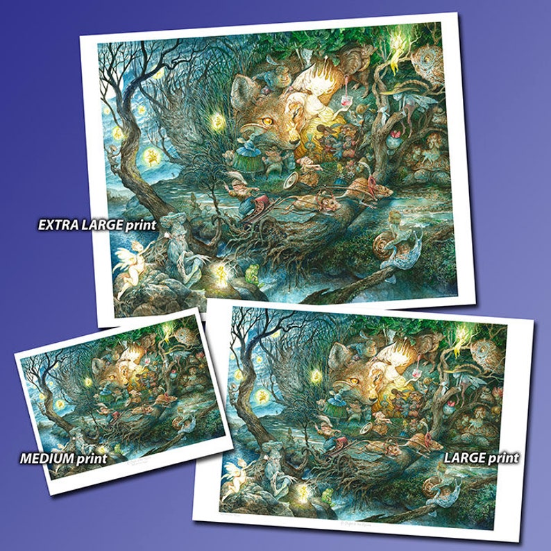 May include: A whimsical illustration of a fox surrounded by fairies and other woodland creatures. The scene is set in a forest at night, with glowing lights illuminating the trees and the creatures. The illustration is done in a detailed and realistic style, with vibrant colors and intricate details.