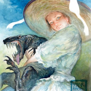 Oh So Huggable (print) - woman, pet, monster, lizard, hug, watercolor, artwork, illustration