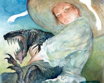 Oh So Huggable (print) - woman, pet, monster, lizard, hug, watercolor, artwork, illustration