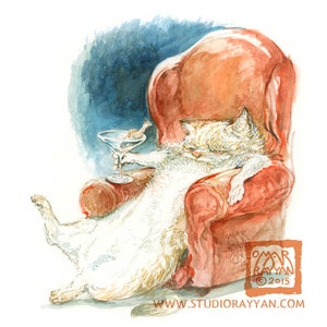 Cat-a-tonic (5x7 mini print) cat, cocktail hour, tgif, relax, comfy chair, martini, bar decor