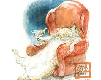 Cat-a-tonic (5x7 mini print) cat, cocktail hour, tgif, relax, comfy chair, martini, bar decor