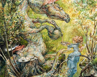 Dragon de l'heure du thé (imprimé), jeune fille, goûter, art fantastique, chambre d'enfant, illustration, conte de fées