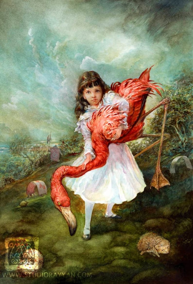Croquet print Alice in Wonderland, flamingo, hedgehog, lawn game, summer, storybook image 1