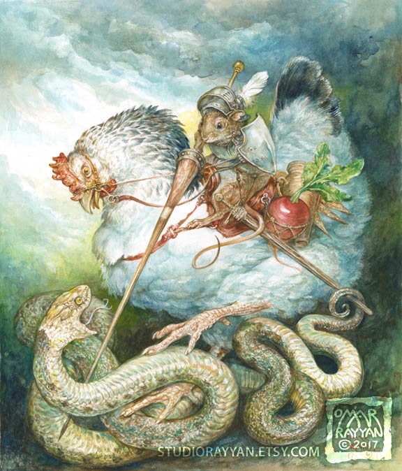 George (print) mouse knight, chicken, dragon, serpent, snake, radish, artwork, illustration
