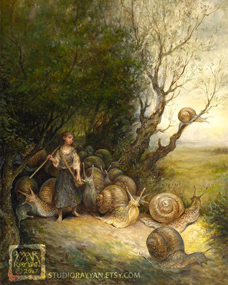 Snail Shepherdess print mollusks, girl, fairy tale, childrens book, magical, artwork, home decor image 1