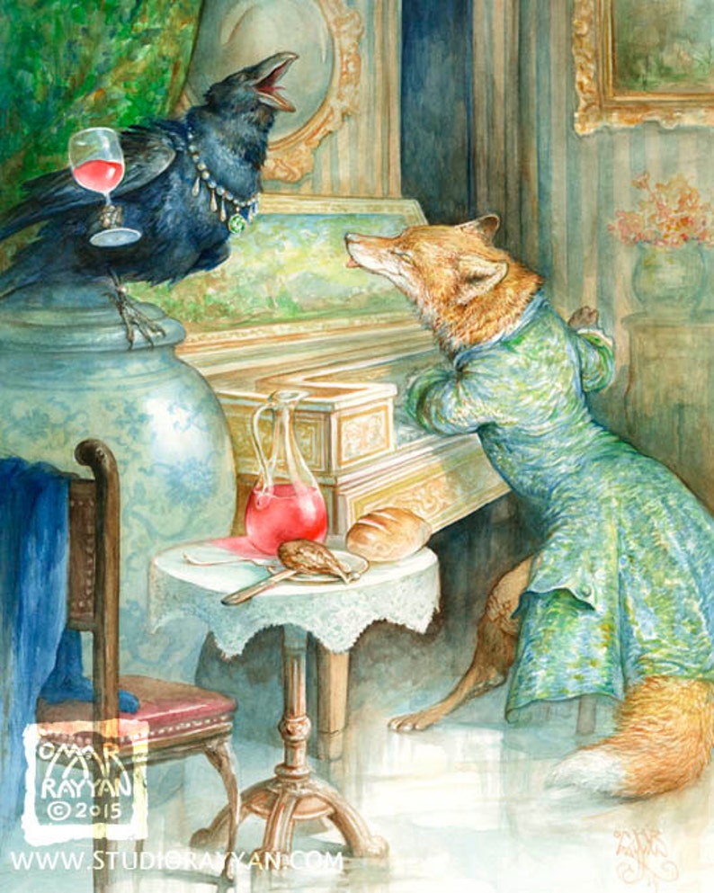 The Fox and the Crow print singing, music, musician, piano, fantasy art, fairy tale, artwork, illustration image 1