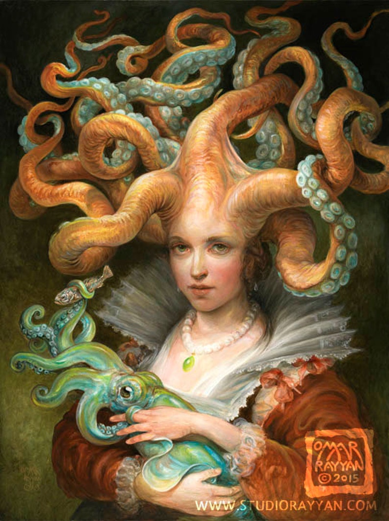 Contessa with Squid print fantasy art octopus woman squid tentacles mother and child image 1