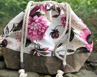 XL drawstring bag, project bag, travel bag, poolside bag, knitting bag, crochet bag, sweater bag, makeup bag, waxed canvas, floral barkcloth