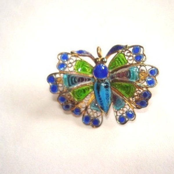 Vintage Jewelry 800 Silver Enamel  Filigree Butterfly  Brooch