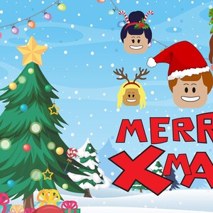 Pode incluir: Uma ilustração com tema natalino com uma árvore de Natal verde decorada, uma placa vermelha e branca com a frase "Merry Xmas" e quatro personagens de desenho animado com trajes festivos.