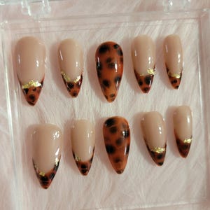 Puede incluir: Un conjunto de diez uñas postizas con un patrón de caparazón de tortuga y detalles dorados. Las uñas están dispuestas en una caja de plástico transparente.