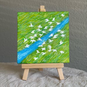 Bird mini painting, 3D textured abstract tiny nature artwork, original miniature acrylic home decor, small art with display easel,  4”x4”