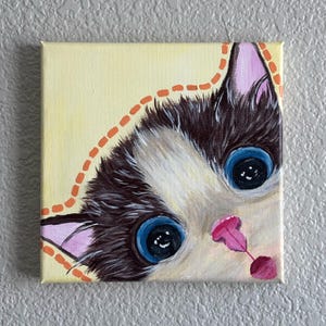 Mini cat painting, tiny miniature kitten wall art, cat portrait wall decor,small hand painted acrylic artwork, cute animal art gift 7”x7”