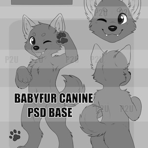 May include: A grayscale illustration of a canine character in a playful pose, winking and sticking out its tongue. The image includes a paw print and the text "BABYFUR CANINE PSD BASE". Additional views of the character's head and back are also shown.
