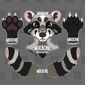 Diseño de traje de furry parcial de mapache antropoide, peludo y adoptable