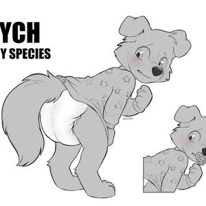 Puede incluir: Una ilustración digital en blanco y negro de líneas que muestra un personaje animal antropomórfico con una camisa de estampado de estrellas y un pañal. El texto YCH ANY SPECIES es visible en la esquina superior izquierda. Tiene expresión tímida.
