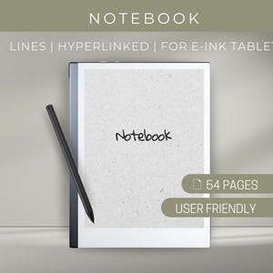 Könnte beinhalten: Ein schwarz-weißes E-Ink-Tablet mit einem Stift, das eine linierte Notizbuchseite mit dem Wort "Notebook" darauf anzeigt. Das Tablet hat einen weißen Rand und der Text "54 PAGES" und "USER FRIENDLY" wird unter der Notizbuchseite angezeigt.