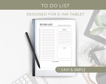 Puede incluir: Una plantilla de lista de tareas en blanco y negro diseñada para tabletas de tinta electrónica. La plantilla incluye secciones para tareas, prioridades, notas y un espacio para recordatorios. El texto "EASY & SIMPLE" está en la parte inferior de la plantilla.