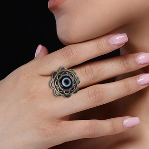 Blue Evil Eye Silver Ring - Adjustable Band for Perfect Fit, Stylish Protection Jewelry.