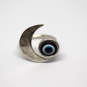 Blue Evil Eye Moon Design Adjustable Ring.