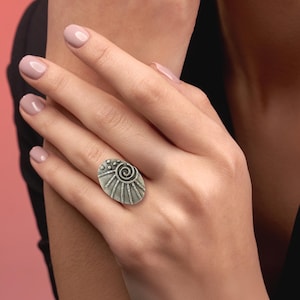 Tribal Sun Spiral Design –Silver Adjustable Ring –  Statement Ring.
