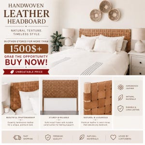 Peut inclure: Une tête de lit en cuir tressé de couleur beige, présentant un motif en grille de bandes de cuir entrelacées fixées sur un cadre en bois clair. La tête de lit est présentée dans une chambre avec une literie blanche, soulignant sa texture.