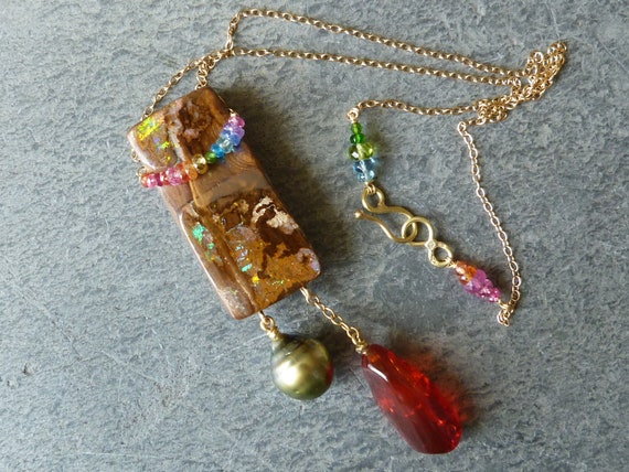 Necklace,australian boulder opal,precious stones,tahiti pearl,18 k gold:IMPORTANT, French vat is included,off 20% for US and canadian buyers