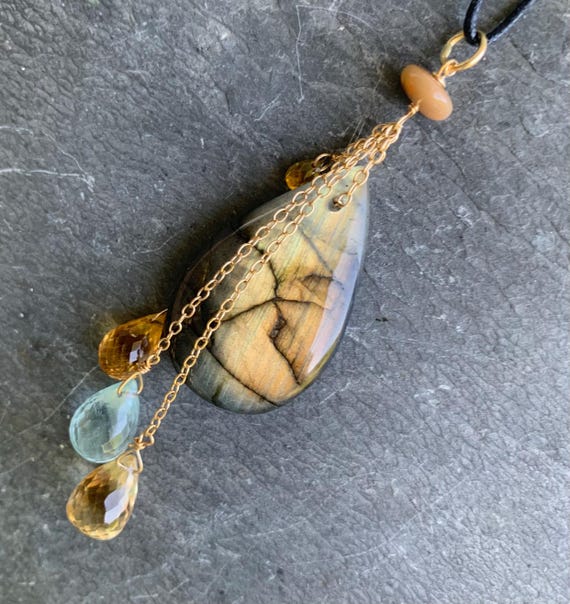 18 k gold pendant,labradorite,citrine,aquamarin,lemon quartz: IMPORTANT,French vat is included, 20% off for US, australian, canadian buyers