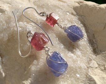 Silver earrings, rough stones, tourmalines, tanzanites : IMPORTANT, French vat is included, 20%  off for US, australian and canadian buyers