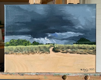 Original painting of a landscape, beach in France, oil on canvas, 24 cm x 18 cm