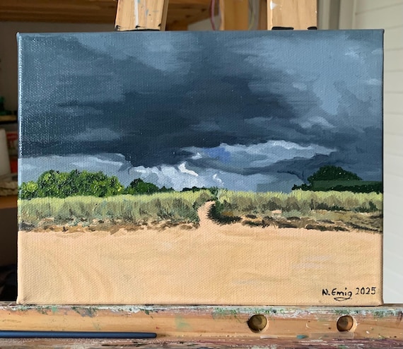 Original painting of a landscape, beach in France, oil on canvas, 24 cm x 18 cm