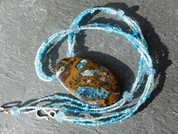 Silver necklace, african opal, topazes, apatites, aqua marines:IMPORTANT, French vat is included,20% off for US,australian,canadian buyers