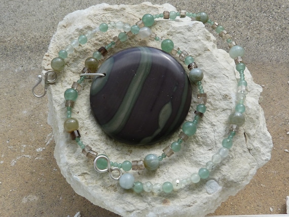 Necklace, argent, 1 big jasper, aventurin, jade, smokey quartz: Important, French vat is included,20% off for US, australian,canadian buyers
