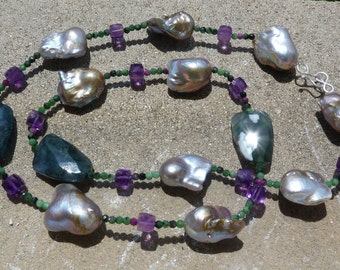 Silver necklace, freshwater pearls, precious stones; Important:French vat is included,20% off forUS,australian and canadian buyers