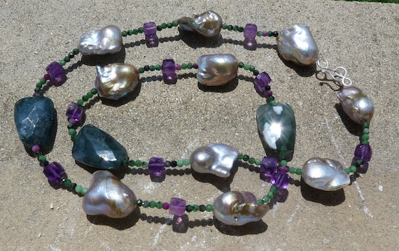 Silver necklace, freshwater pearls, precious stones; Important:French vat is included,20% off forUS,australian and canadian buyers