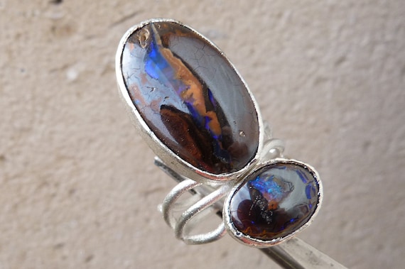Silver ring, 2 boulder opals from Australia: IMPORTANT,French vat is included, 20% off for US, UK, australian and canadian buyers