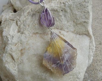 Silver pendant, rough fluorite, rough amethyste;  IMPORTANT: French vat is included, 20% off for US,australian + canadian buyers